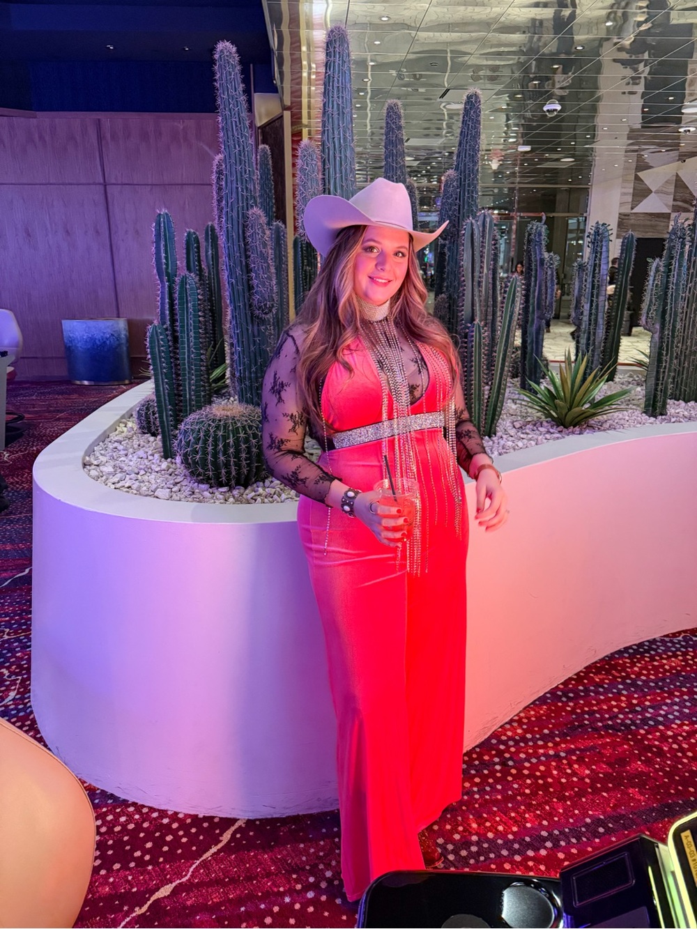 AKIRA Hot Pink Beaded Fringe Jumpsuit with belt & rhinestone fringe choker